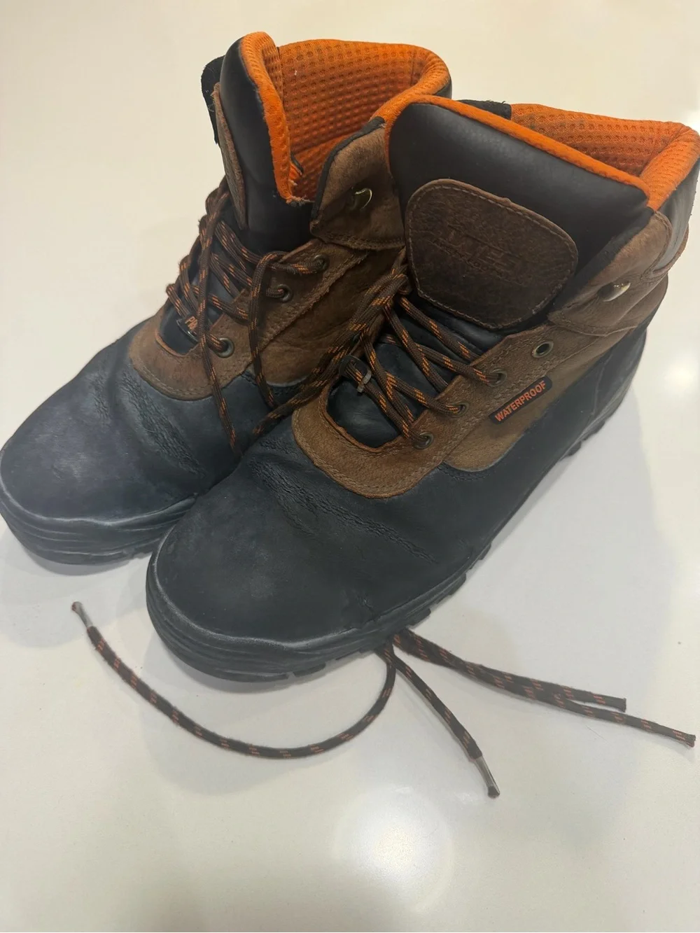 Threat Men's Brown and Black Work Boots with Orange Lining, size 10.5